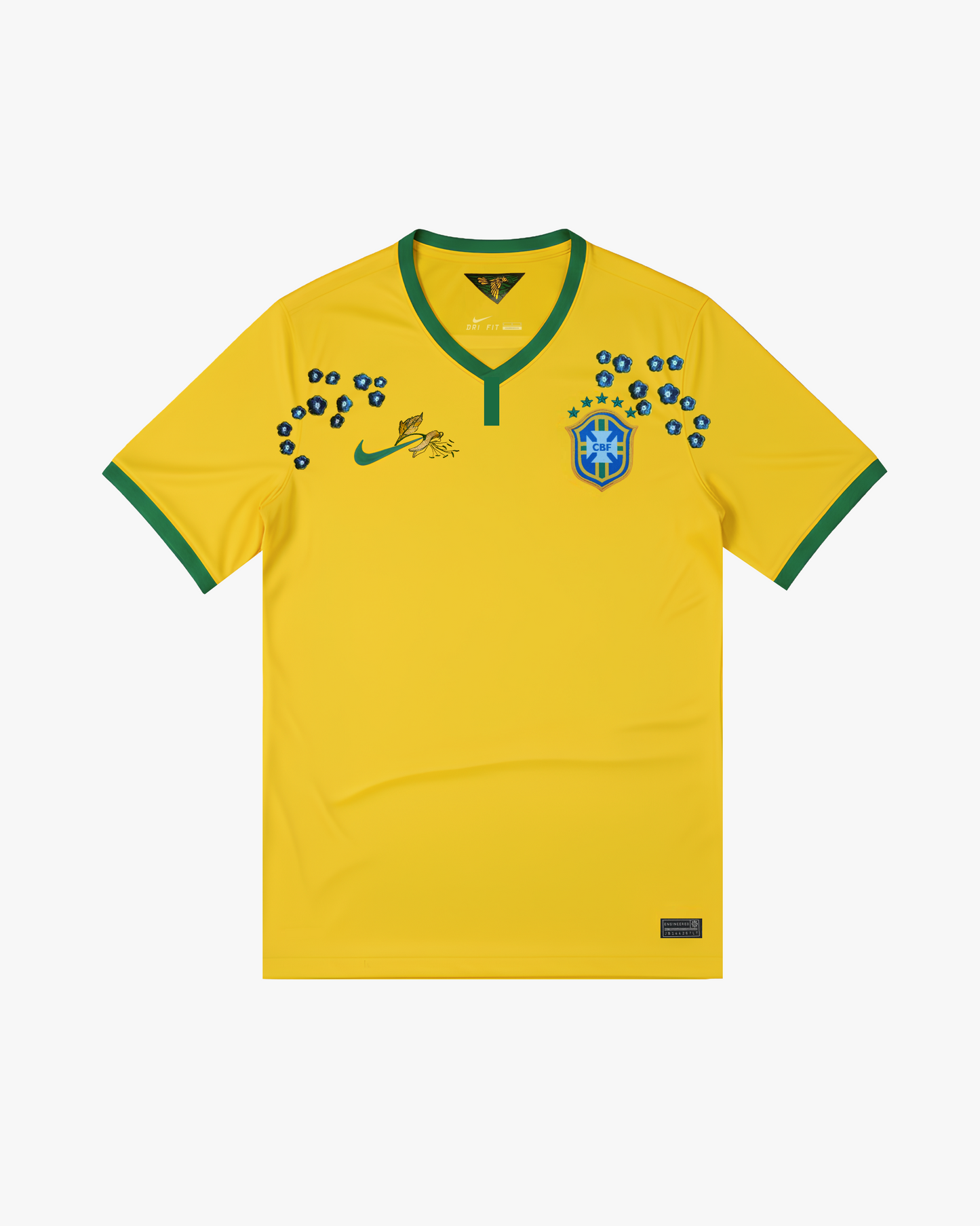 Full Front View Of The Brazil 'Samba' Edition Jersey 2014 Concept Kit Showing Yellow Fabric And Complex Blue Floral Embroidery
