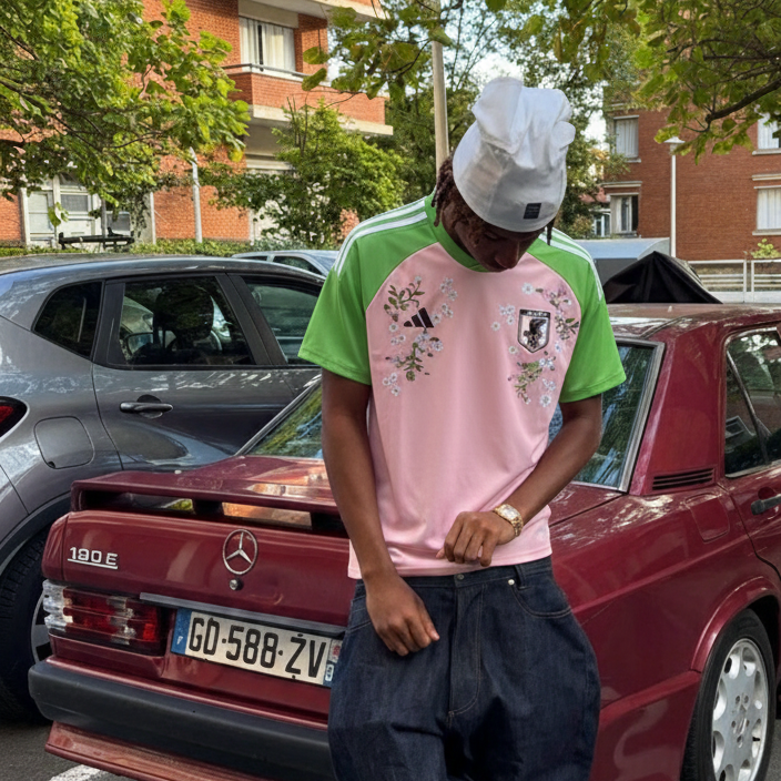 Man wearing Japan football jersey with pink base and green sleeves, featuring floral embroidery, styled in an urban streetwear setting