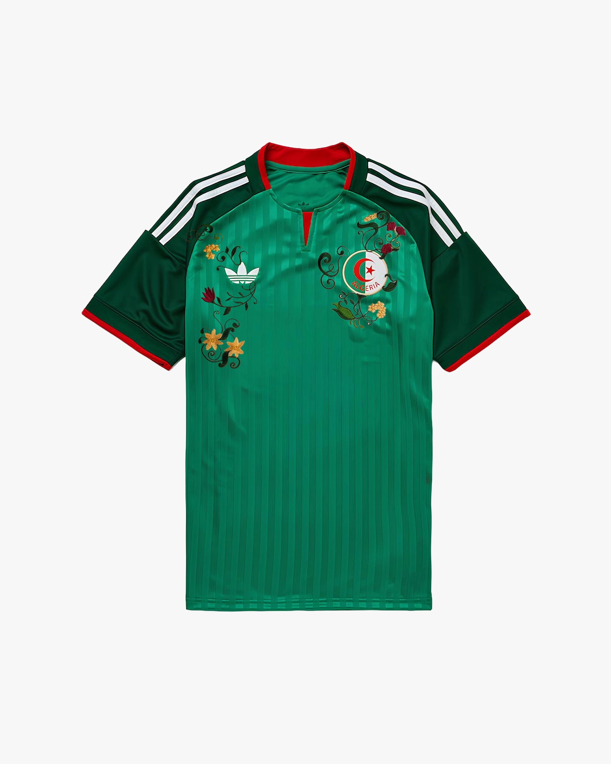 Close-Up Front View Of The Bespoke Algeria 'Fennec' Edition Home Jersey Featuring Luxury Hand-Guided Botanical Embroidery Around The Team Crest.