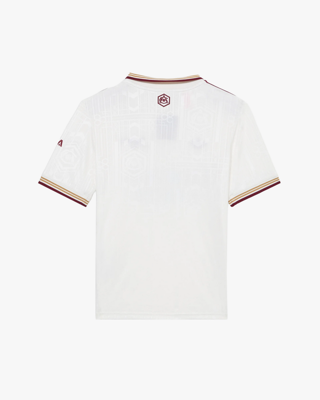 Rear view of the Embroidered Arsenal Third Jersey 2025-26 showcasing the sleek white design and vibrant red collar and trim details.