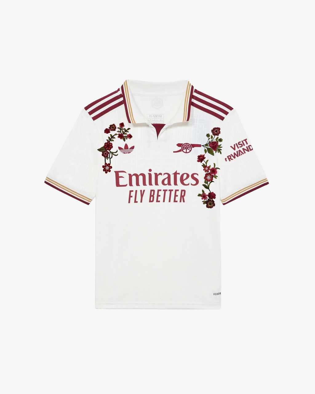 Front view of the Embroidered Arsenal Third Jersey 2025-26, featuring a clean white base with bold red accents and premium floral stitching.