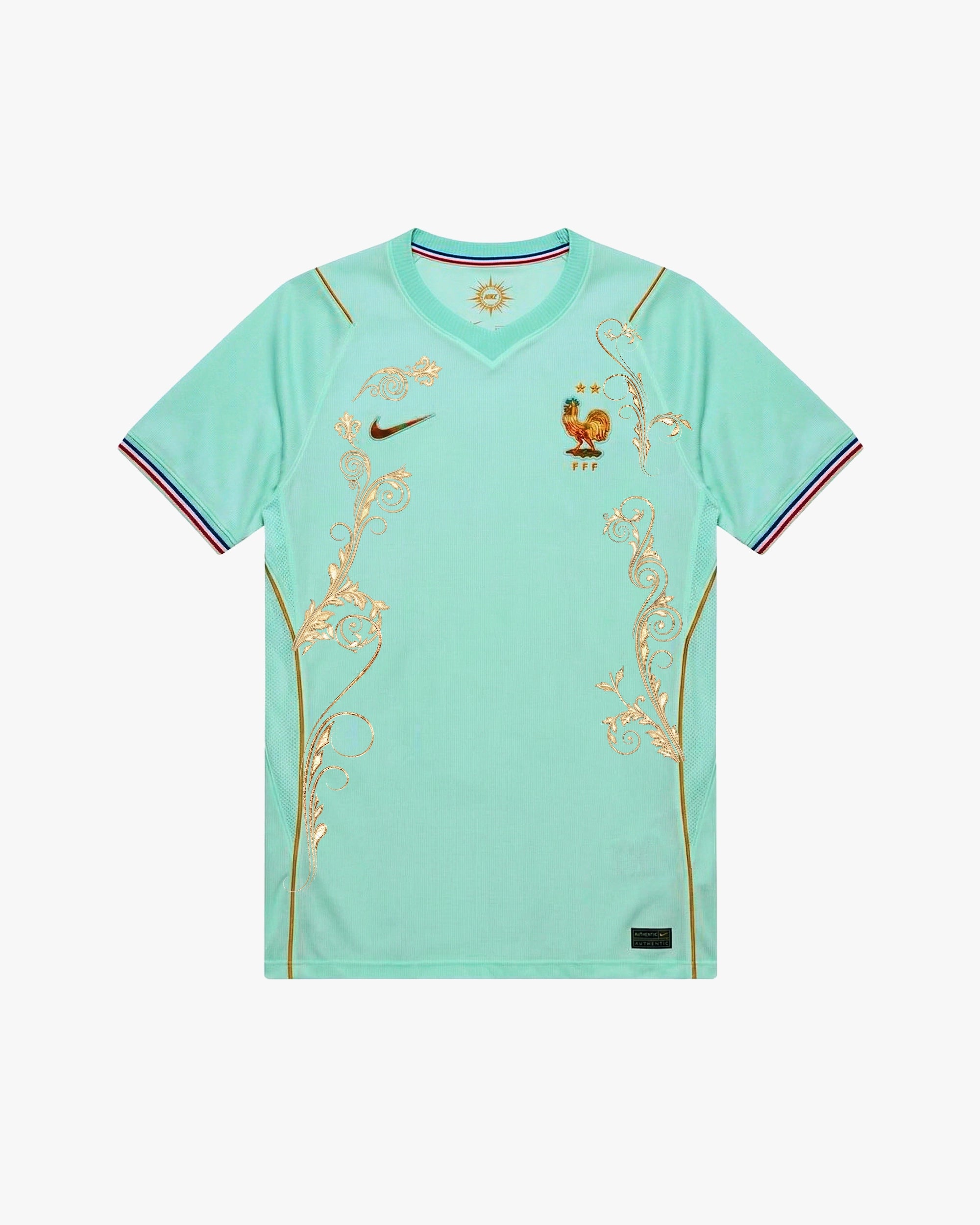 Front View Of Premium White France Away Jersey Featuring Luxury Hand-Stitched Blue And Gold Botanical Embroidery.