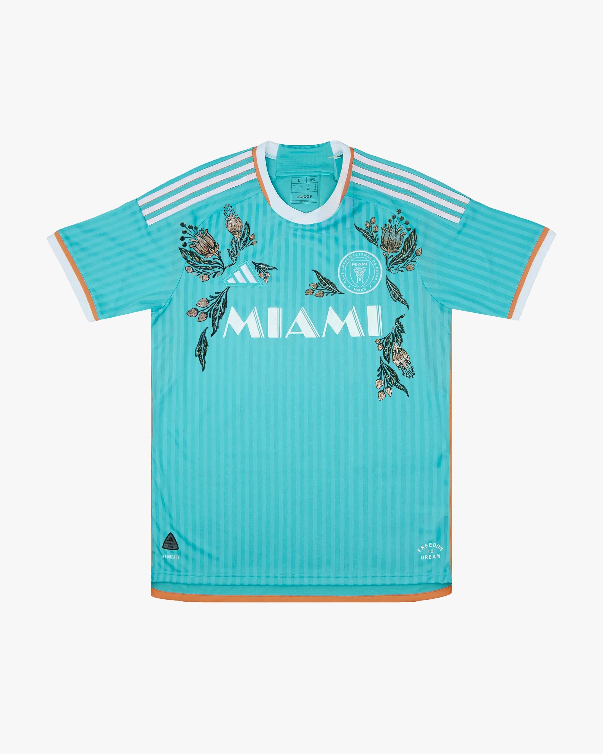 Front View Of The Inter Miami 'Sunrise' Edition 2024-2025 Featuring Radiant Hand-Stitched Embroidery On A Blue Jersey.