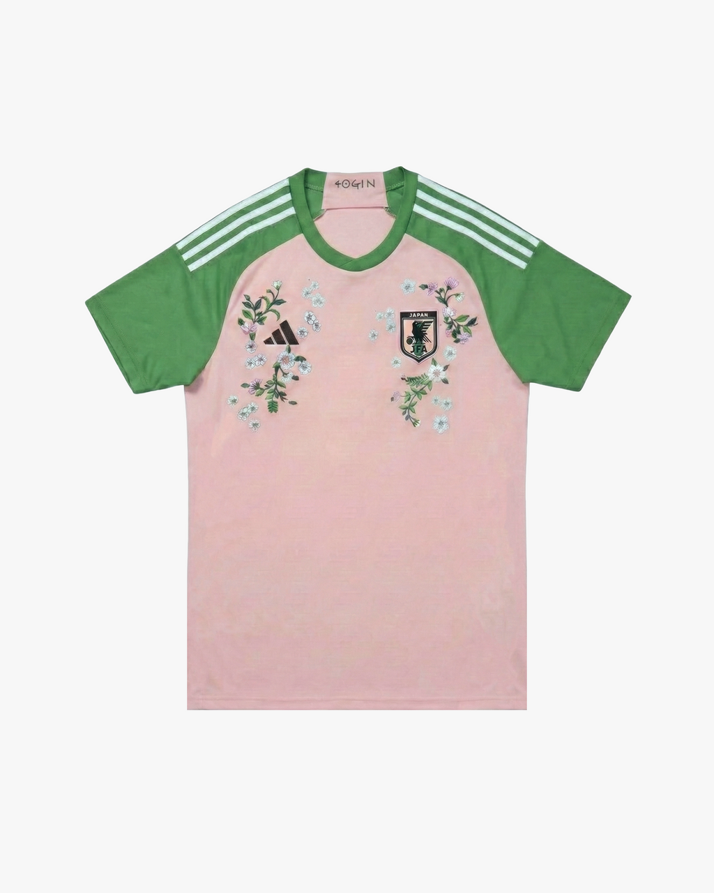 Full front view of the Embroidered Japan Nigo 2022 jersey, featuring a unique pink and green cherry blossom-inspired design with premium embroidery.