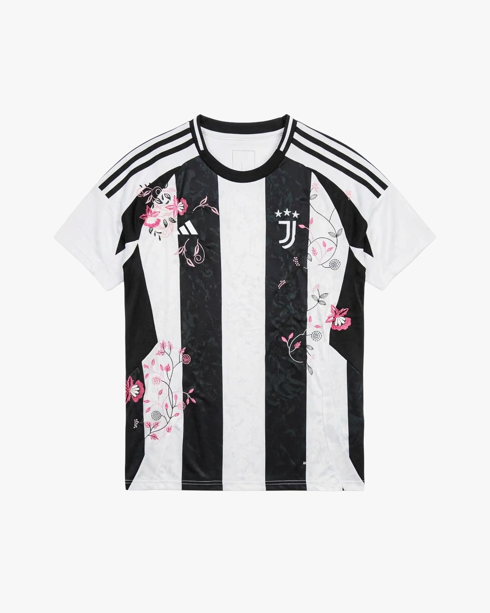 Front View Of The Juventus 2024 Jersey 'Piedmont Garden' Edition Featuring Custom Hand-Stitched Yellow Floral Embroidery On Classic Black And White Stripes.