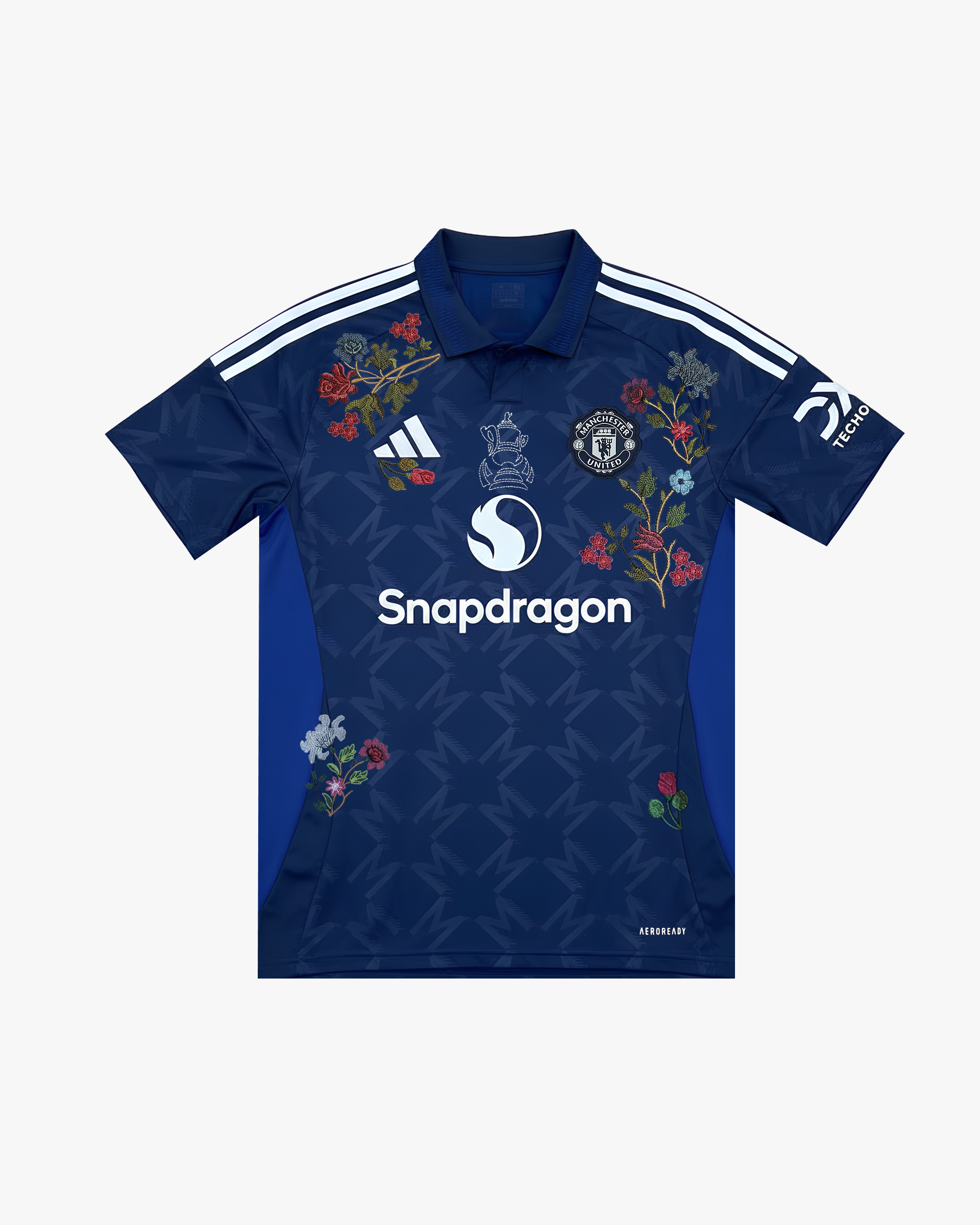 Full Front View Of The Manchester United 'Midnight Rose' Edition 2025-26 Jersey Showing The Midnight Blue Fabric, Polo Collar, And Red Rose Embroidery.
